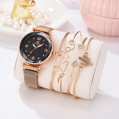 5pc/set Luxury Brand Women Watches Starry Sky Magnet Watch Buckle Fashion Casual Female Wristwatch Roman Numeral Simple Bracelet