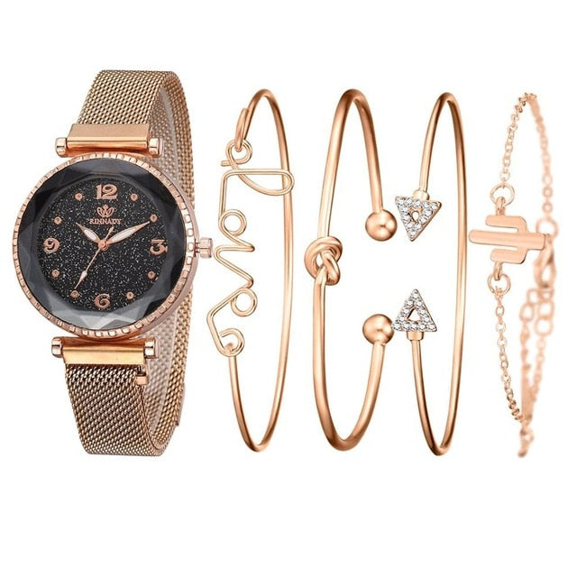 5pc/set Luxury Brand Women Watches Starry Sky Magnet Watch Buckle Fashion Casual Female Wristwatch Roman Numeral Simple Bracelet