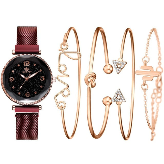 5pc/set Luxury Brand Women Watches Starry Sky Magnet Watch Buckle Fashion Casual Female Wristwatch Roman Numeral Simple Bracelet
