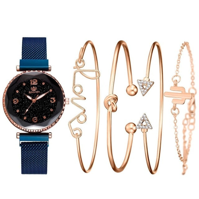 5pc/set Luxury Brand Women Watches Starry Sky Magnet Watch Buckle Fashion Casual Female Wristwatch Roman Numeral Simple Bracelet