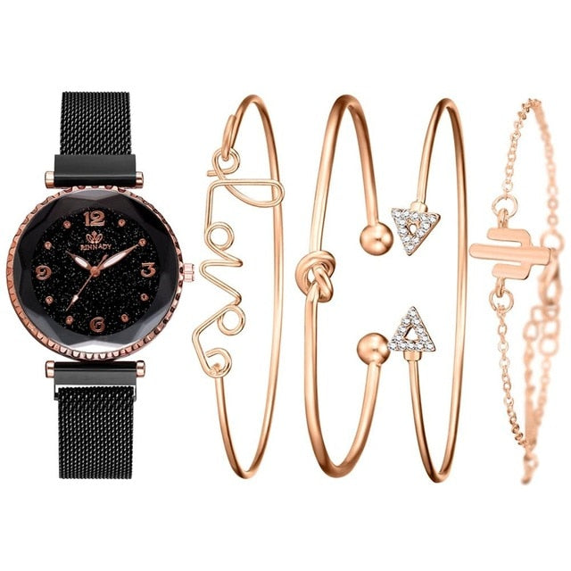 5pc/set Luxury Brand Women Watches Starry Sky Magnet Watch Buckle Fashion Casual Female Wristwatch Roman Numeral Simple Bracelet