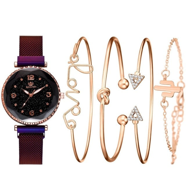 5pc/set Luxury Brand Women Watches Starry Sky Magnet Watch Buckle Fashion Casual Female Wristwatch Roman Numeral Simple Bracelet