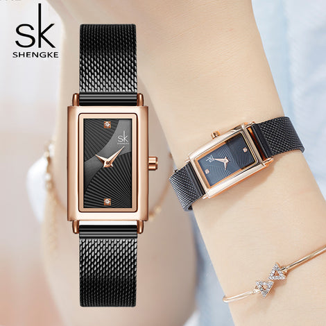 Unique Women Square Watch Rose Gold Lady Elegant Wristwatch SHENGKE Brand Minimalism Casual Dress Watch for Female Gift Clock