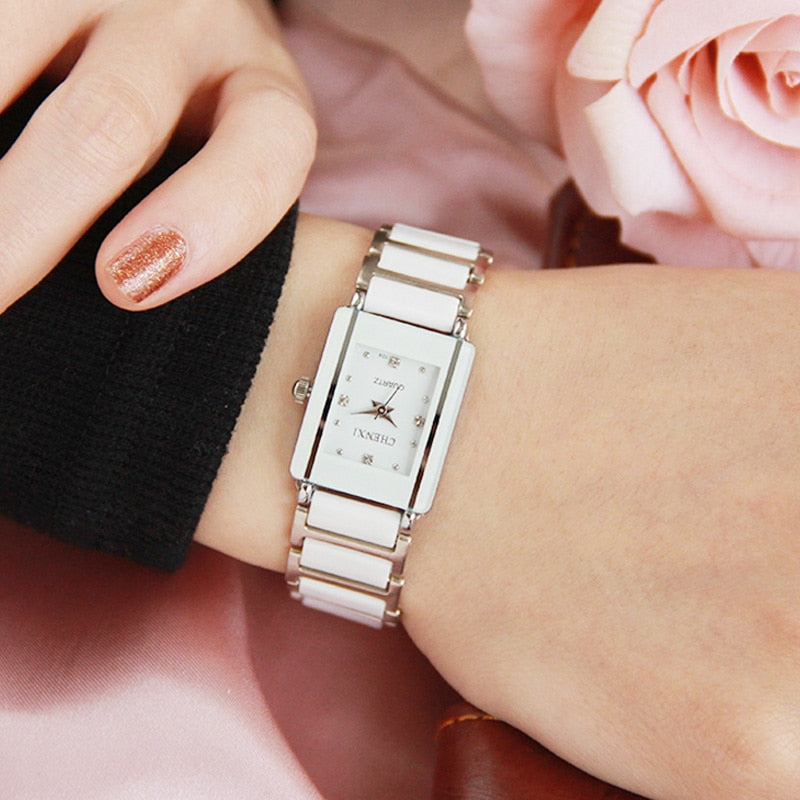 Luxury Brand CHENXI Elegant Woman's Watch Rhinestone White Silver Simple Stylish Design Ceramics Bracelet Quartz Casual Watch
