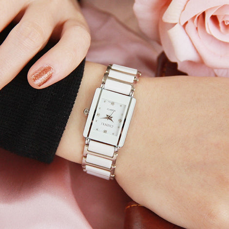 Luxury Brand CHENXI Elegant Woman's Watch Rhinestone White Silver Simple Stylish Design Ceramics Bracelet Quartz Casual Watch