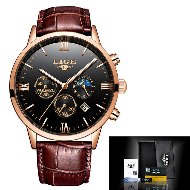 Reloj de hombre LIGE Men's Watches Men Business Fashion Leather Watch Moon phase Date Luminous Multi-function Sport Quartz Clock