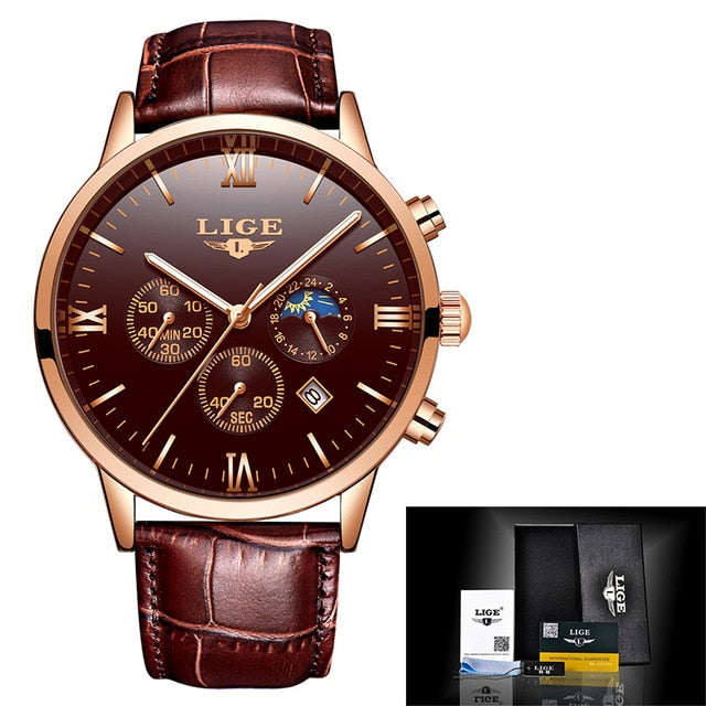 Reloj de hombre LIGE Men's Watches Men Business Fashion Leather Watch Moon phase Date Luminous Multi-function Sport Quartz Clock