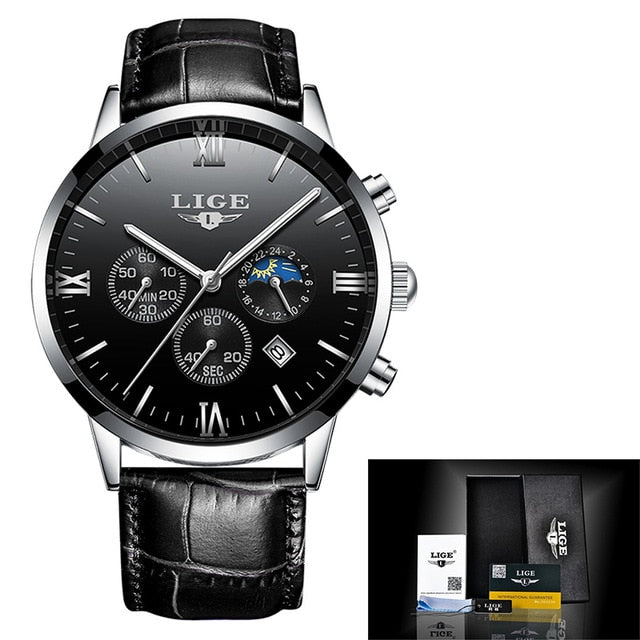Reloj de hombre LIGE Men's Watches Men Business Fashion Leather Watch Moon phase Date Luminous Multi-function Sport Quartz Clock