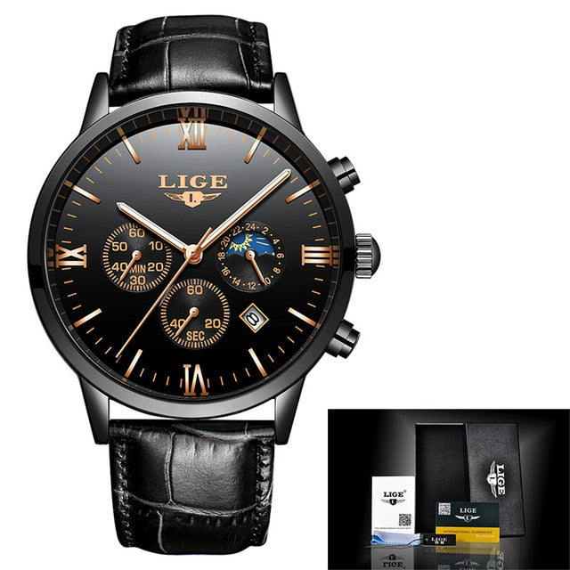 Reloj de hombre LIGE Men's Watches Men Business Fashion Leather Watch Moon phase Date Luminous Multi-function Sport Quartz Clock