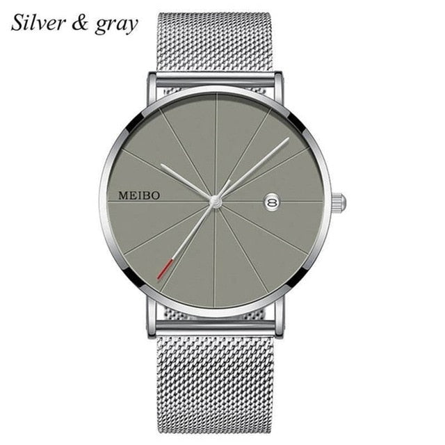 Black Men‘s Ultra Thin Watch Stainless Steel Mesh Band Leather Clock Classic Quartz Date Wristwatch Casual Relogio Masculino
