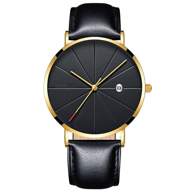 Black Men‘s Ultra Thin Watch Stainless Steel Mesh Band Leather Clock Classic Quartz Date Wristwatch Casual Relogio Masculino