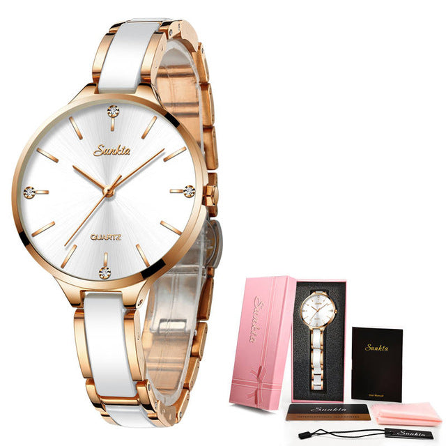 SUNKTA Luxury Gift Crystal Watch Women Waterproof Rose Gold Steel Strap Ladies Wrist Watches Top Brand Clock Relogio Feminino