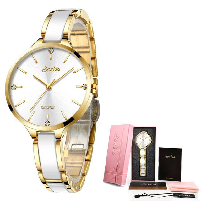 SUNKTA Luxury Gift Crystal Watch Women Waterproof Rose Gold Steel Strap Ladies Wrist Watches Top Brand Clock Relogio Feminino