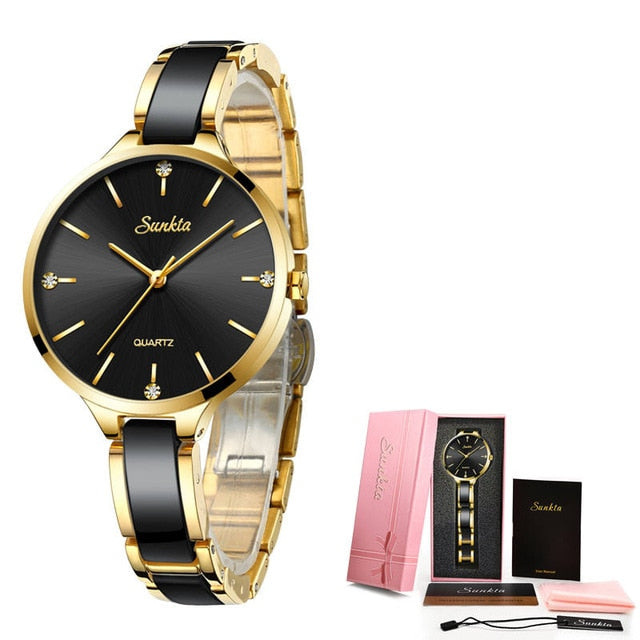 SUNKTA Luxury Gift Crystal Watch Women Waterproof Rose Gold Steel Strap Ladies Wrist Watches Top Brand Clock Relogio Feminino
