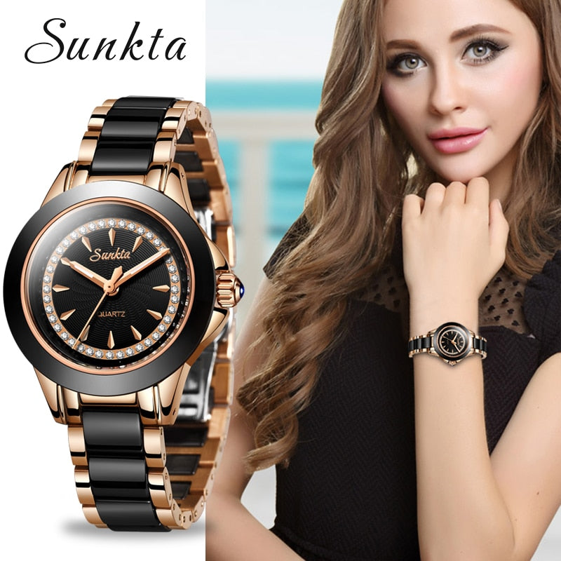 SUNKTA Quartz Women Watches Ceramics Stainless Steel Watches Women Top Luxury Brand Ladies Boutique Bracelet Watch Reloj De Dama
