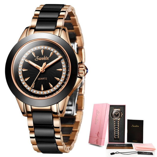 SUNKTA Quartz Women Watches Ceramics Stainless Steel Watches Women Top Luxury Brand Ladies Boutique Bracelet Watch Reloj De Dama