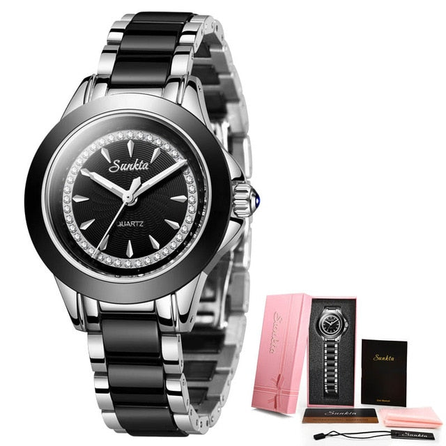 SUNKTA Quartz Women Watches Ceramics Stainless Steel Watches Women Top Luxury Brand Ladies Boutique Bracelet Watch Reloj De Dama