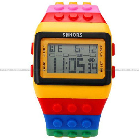 LinTimes SHHORS LCD Digital Alarm Lady Men Block Constructor Stopwatch Sport Rubber Watch LED091