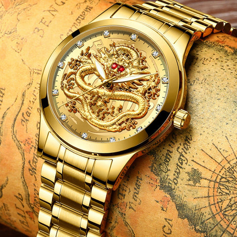 Fenzun embossed gold dragon watch men's waterproof non-mechanical watch men's diamond ruby dragon face fashion watch