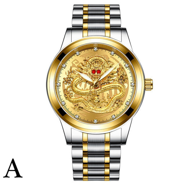 Fenzun embossed gold dragon watch men's waterproof non-mechanical watch men's diamond ruby dragon face fashion watch
