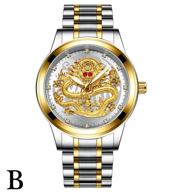 Fenzun embossed gold dragon watch men's waterproof non-mechanical watch men's diamond ruby dragon face fashion watch