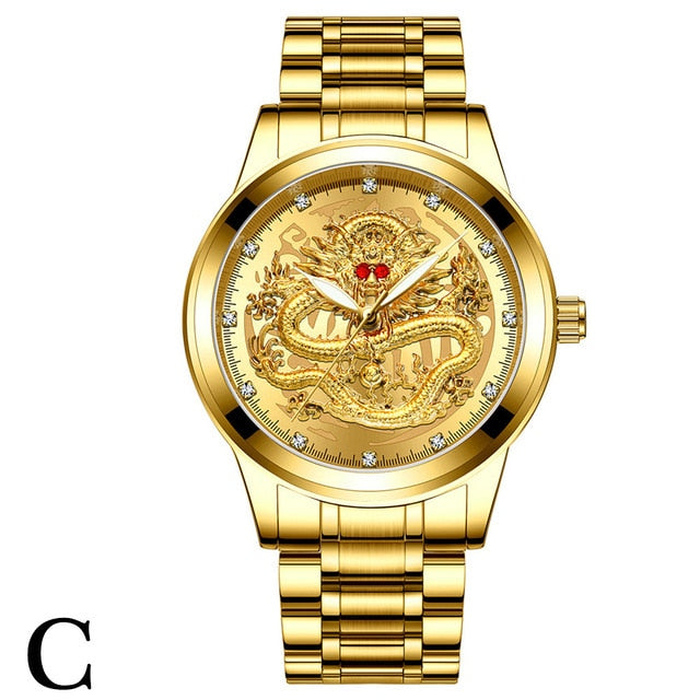 Fenzun embossed gold dragon watch men's waterproof non-mechanical watch men's diamond ruby dragon face fashion watch