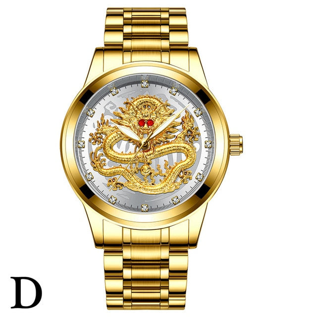 Fenzun embossed gold dragon watch men's waterproof non-mechanical watch men's diamond ruby dragon face fashion watch
