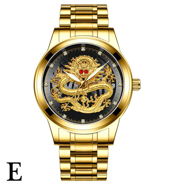 Fenzun embossed gold dragon watch men's waterproof non-mechanical watch men's diamond ruby dragon face fashion watch