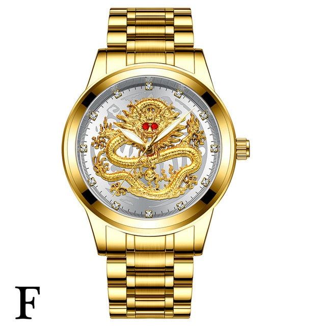 Fenzun embossed gold dragon watch men's waterproof non-mechanical watch men's diamond ruby dragon face fashion watch