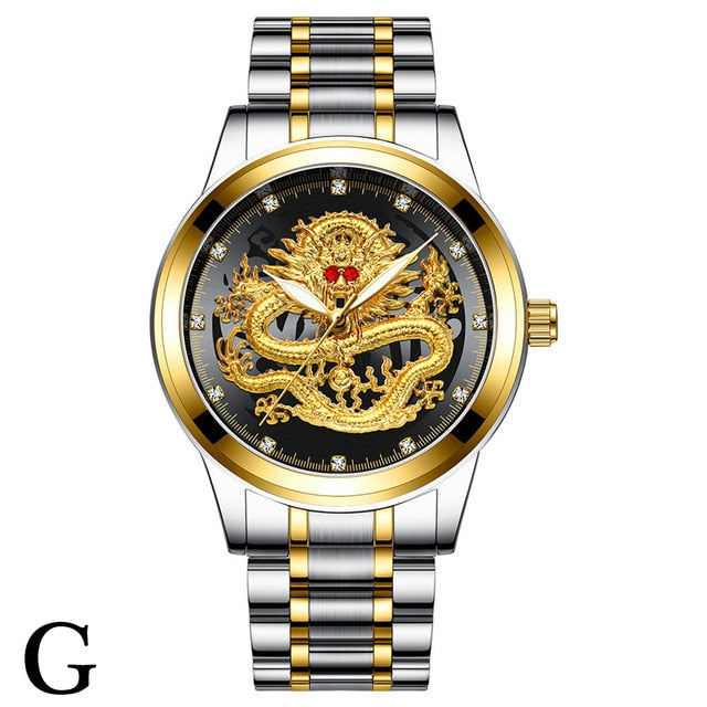 Fenzun embossed gold dragon watch men's waterproof non-mechanical watch men's diamond ruby dragon face fashion watch