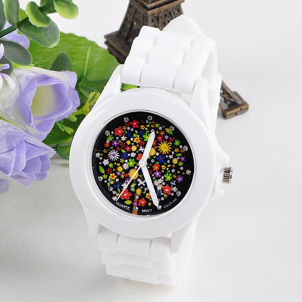Simple Casual White Silicone Band Watch Flower Dial Watch Rubber Quartz Analog for Women Men Lover's Wristwatch