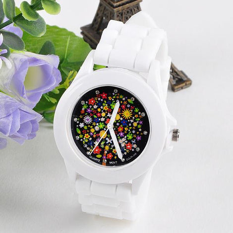 Simple Casual White Silicone Band Watch Flower Dial Watch Rubber Quartz Analog for Women Men Lover's Wristwatch
