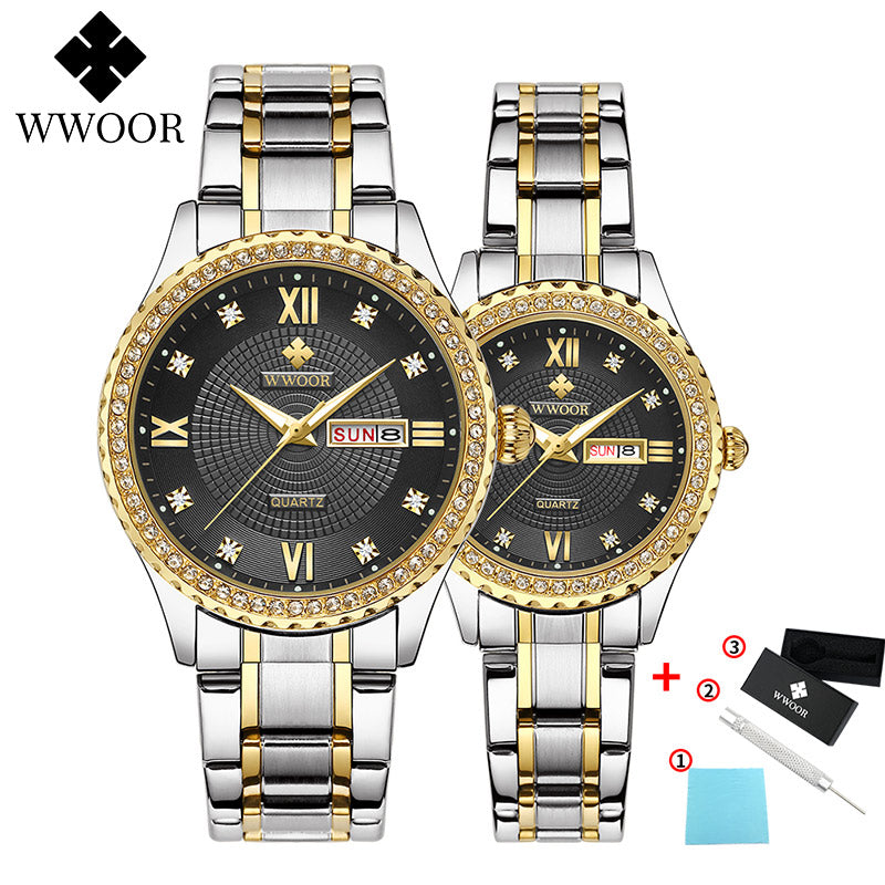 WWOOR Business Couple Silver Stainless Steel Watches Men Women Quartz Lover's Watch Date Quartz Wristwatches Montre Femme Homme