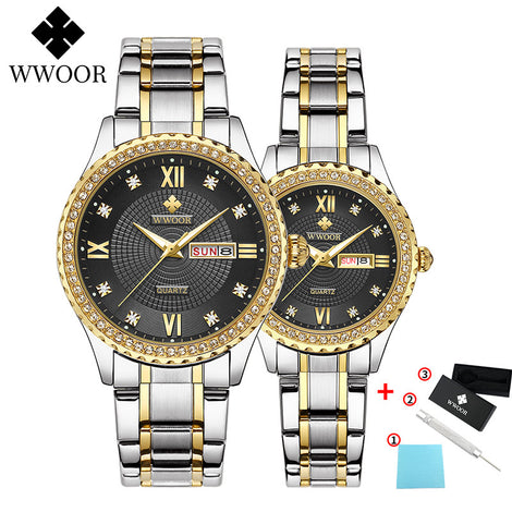WWOOR Business Couple Silver Stainless Steel Watches Men Women Quartz Lover's Watch Date Quartz Wristwatches Montre Femme Homme