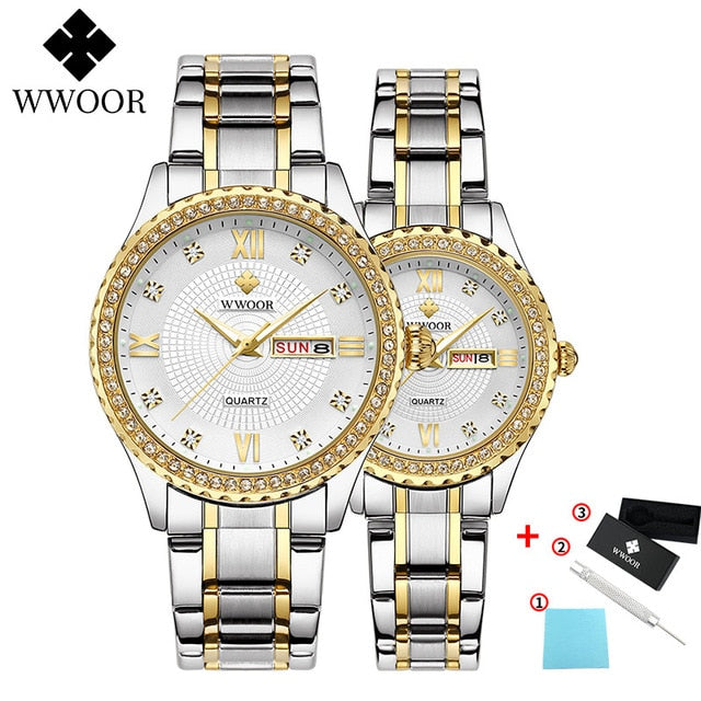 WWOOR Business Couple Silver Stainless Steel Watches Men Women Quartz Lover's Watch Date Quartz Wristwatches Montre Femme Homme