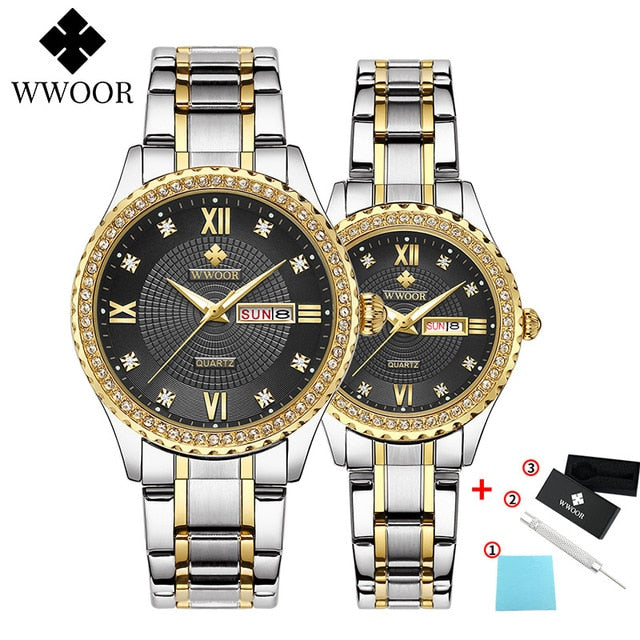 WWOOR Business Couple Silver Stainless Steel Watches Men Women Quartz Lover's Watch Date Quartz Wristwatches Montre Femme Homme