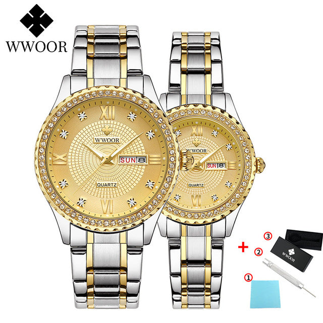 WWOOR Business Couple Silver Stainless Steel Watches Men Women Quartz Lover's Watch Date Quartz Wristwatches Montre Femme Homme