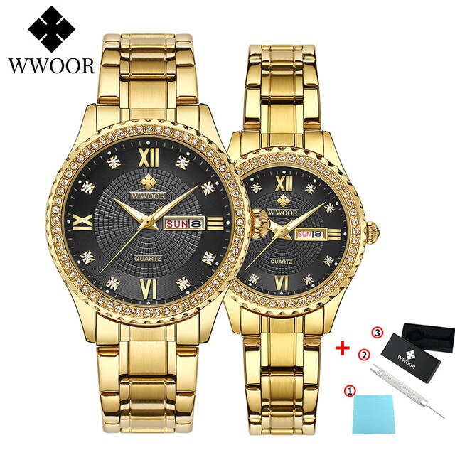 WWOOR Business Couple Silver Stainless Steel Watches Men Women Quartz Lover's Watch Date Quartz Wristwatches Montre Femme Homme
