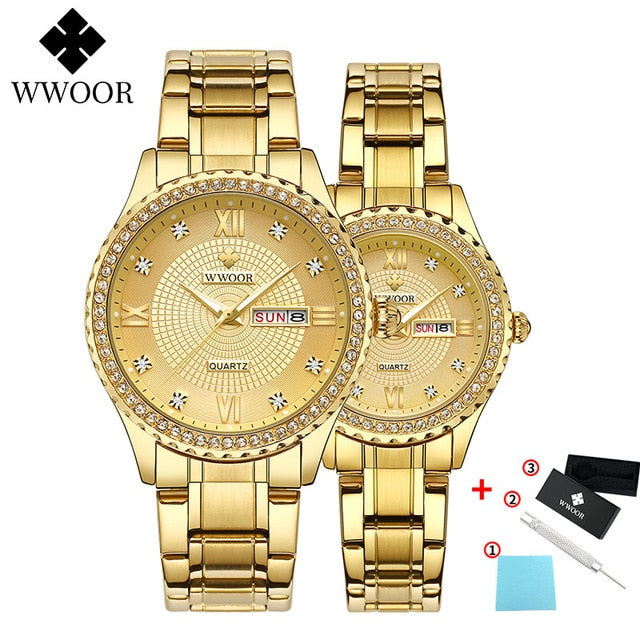 WWOOR Business Couple Silver Stainless Steel Watches Men Women Quartz Lover's Watch Date Quartz Wristwatches Montre Femme Homme