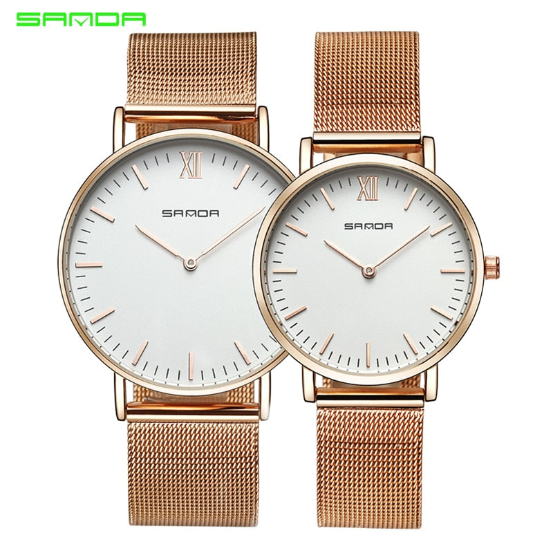 Sanda Stainless Steel Ultra Thin Watch Fashion Rose Gold Quartz Lover's Watches for Women Men 2017 Brand Luxury Mens Watches