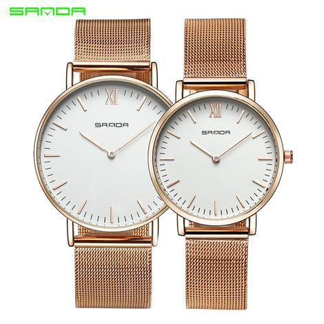 Sanda Stainless Steel Ultra Thin Watch Fashion Rose Gold Quartz Lover's Watches for Women Men 2017 Brand Luxury Mens Watches