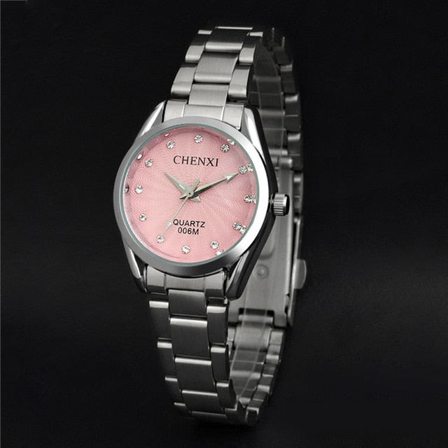Lady Quartz Ladies Wristwatch Round Pink Rhinestone Dial Brand luxury Waterproof full Stainless Steel Watch Women Dress watches