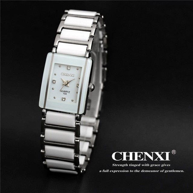 Luxury Brand CHENXI Elegant Woman's Watch Rhinestone White Silver Simple Stylish Design Ceramics Bracelet Quartz Casual Watch