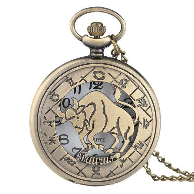 Classic Bronze Hollow Twelve Constellation Theme Fob Pocket Watch Cool Pendant Fashion Watches Enthusiast Best Gift Collection