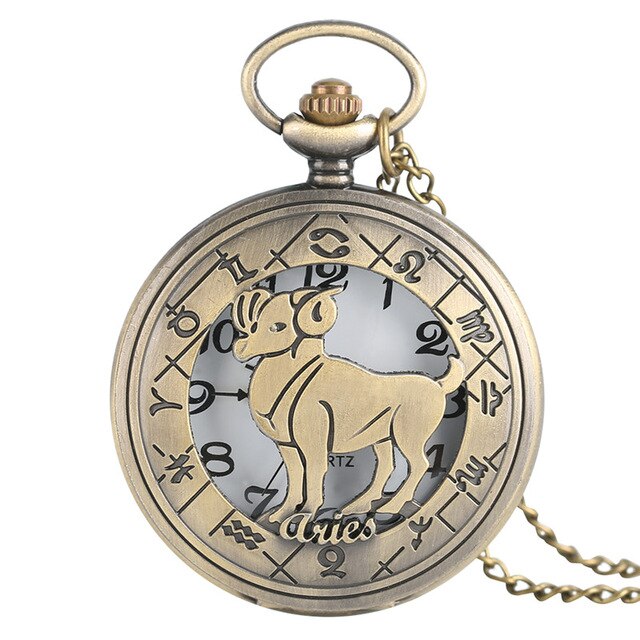 Classic Bronze Hollow Twelve Constellation Theme Fob Pocket Watch Cool Pendant Fashion Watches Enthusiast Best Gift Collection