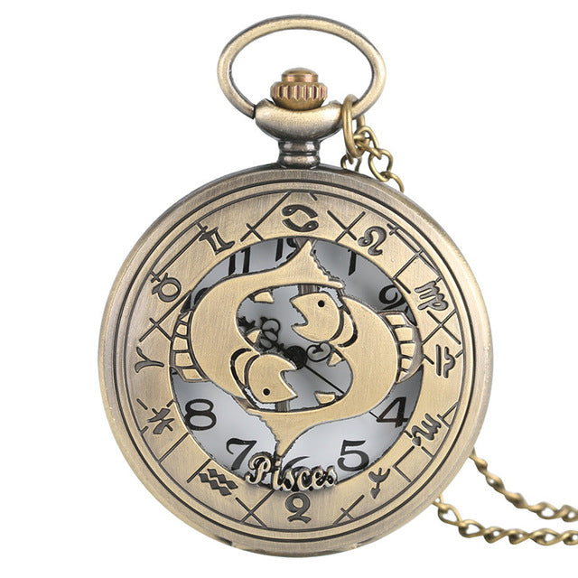 Classic Bronze Hollow Twelve Constellation Theme Fob Pocket Watch Cool Pendant Fashion Watches Enthusiast Best Gift Collection