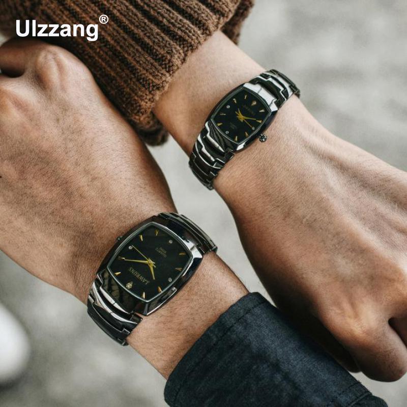 Luxury Cool Unique Lover's Watches Diamond Full Steel Women Men Dress Rectangle Quartz Wristwatch Sweet Couple Women Men Watch
