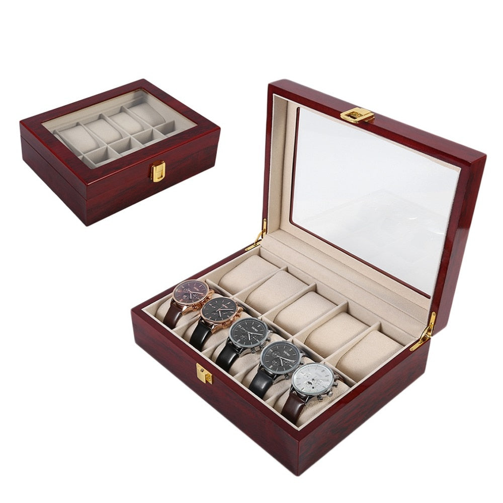 luxury 10 Grids Wooden Watch Box Durable Home Jewelry Display Collection Storage Case Watch Organizer Box Red Hot New