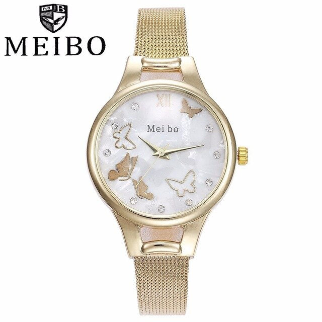 Fashion Women Butterfly Pattern Quartz Watches Casual Ladies Female Stainless Steel MEIBO Watches Clock Relogio Feminino