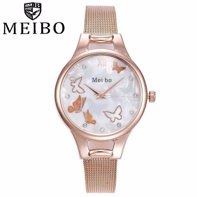 Fashion Women Butterfly Pattern Quartz Watches Casual Ladies Female Stainless Steel MEIBO Watches Clock Relogio Feminino